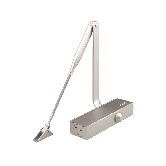 Sistema cierrapuertas hidraúlica con brazo de apertura y cierre. 