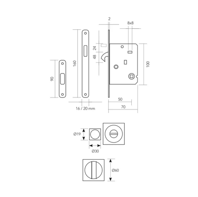 Sliding door kit with square handle